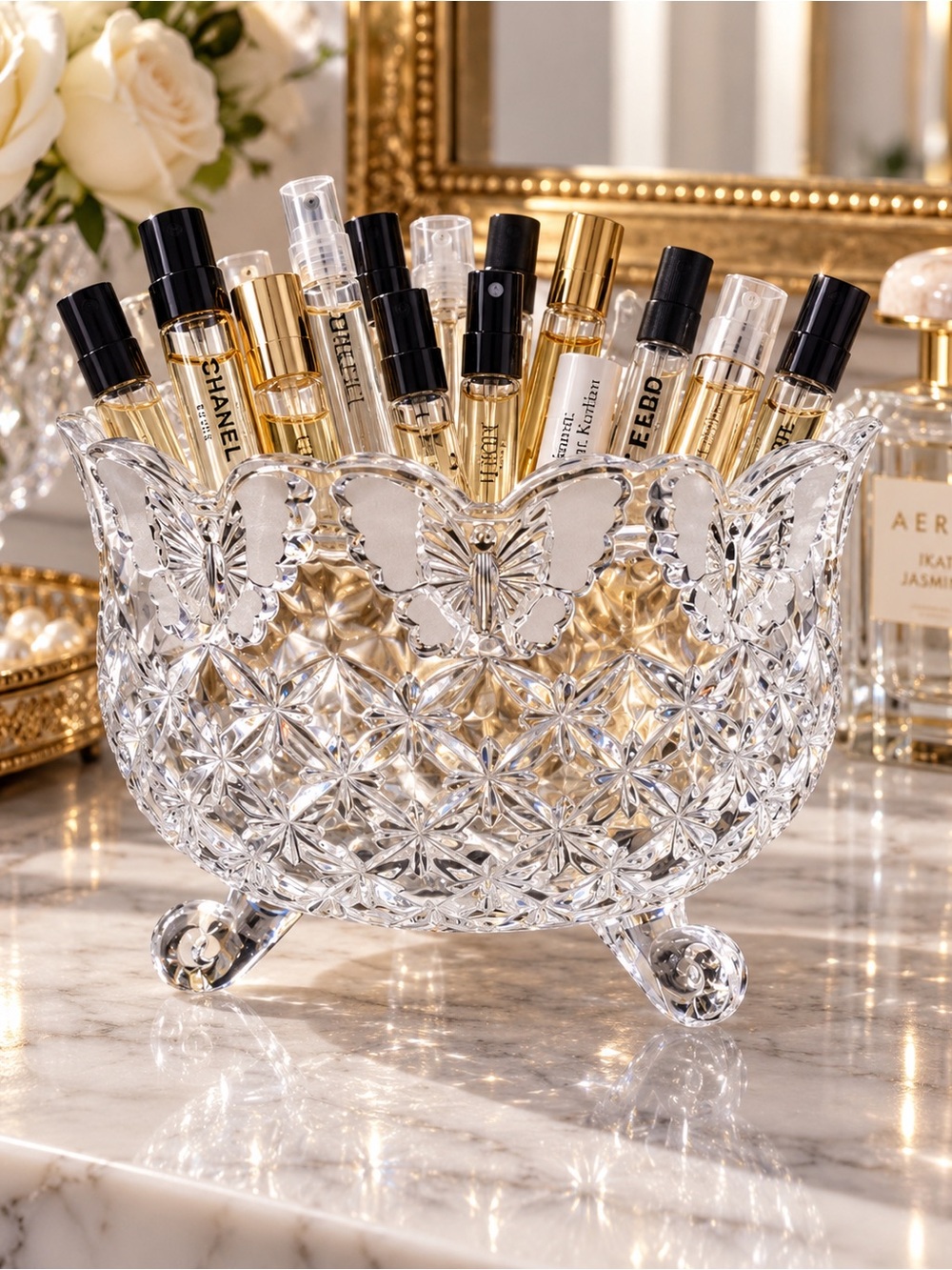 Hofbauer Papillon Crystal Bowl: Frosted Butterfly Rim, 3 Scroll Feet